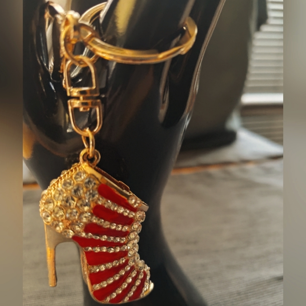 Red Stiletto Boot Keychain With Crystal Embellishments NWT
